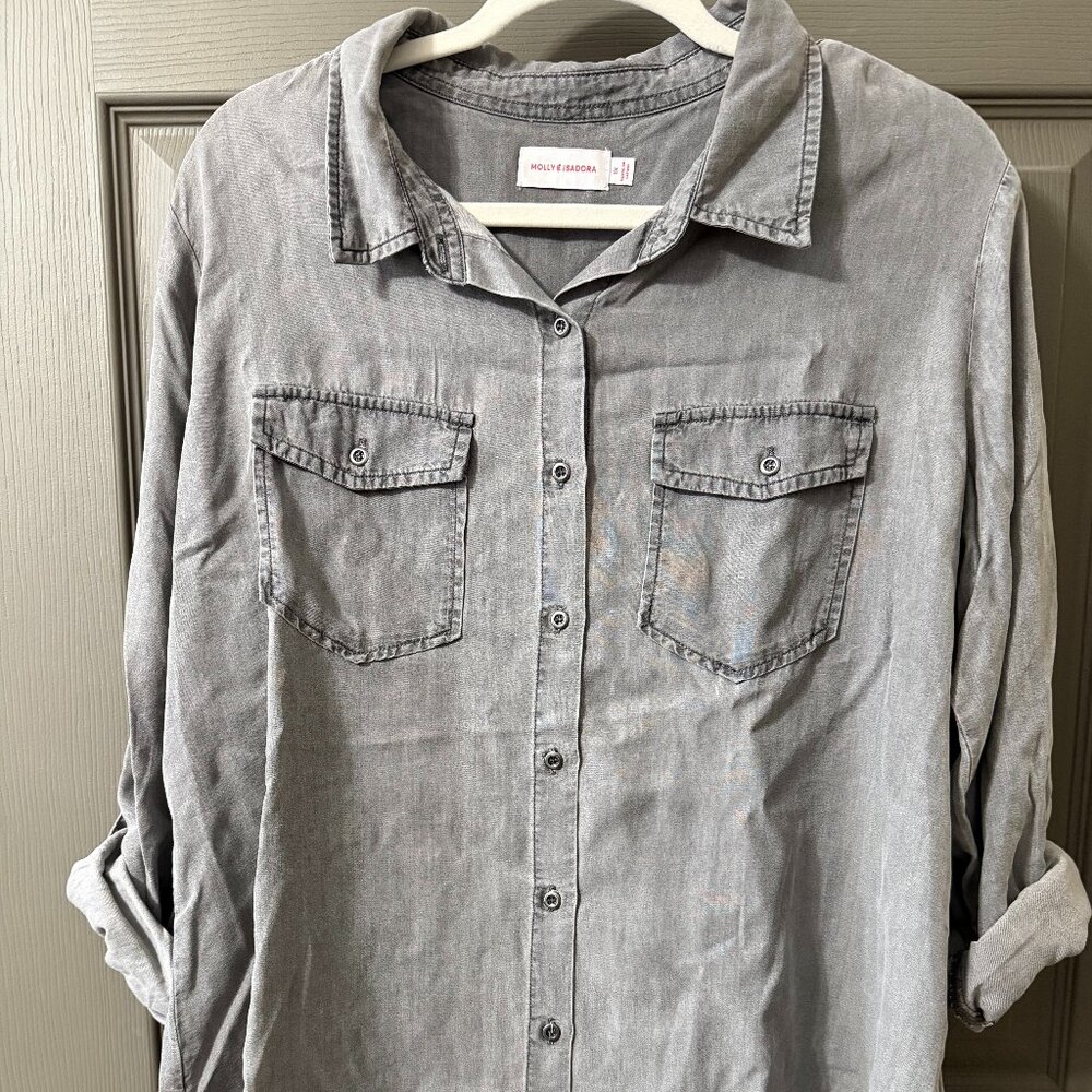 Molly & Isadora 1X Soft Denim Gray Button-Up Shirt with Roll-Tab Sleeves